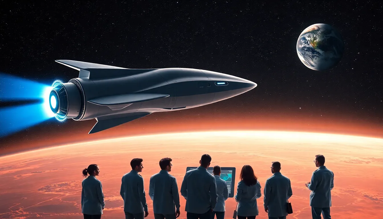 futuristic spacecraft with a diverse team planning interplanetary travel.