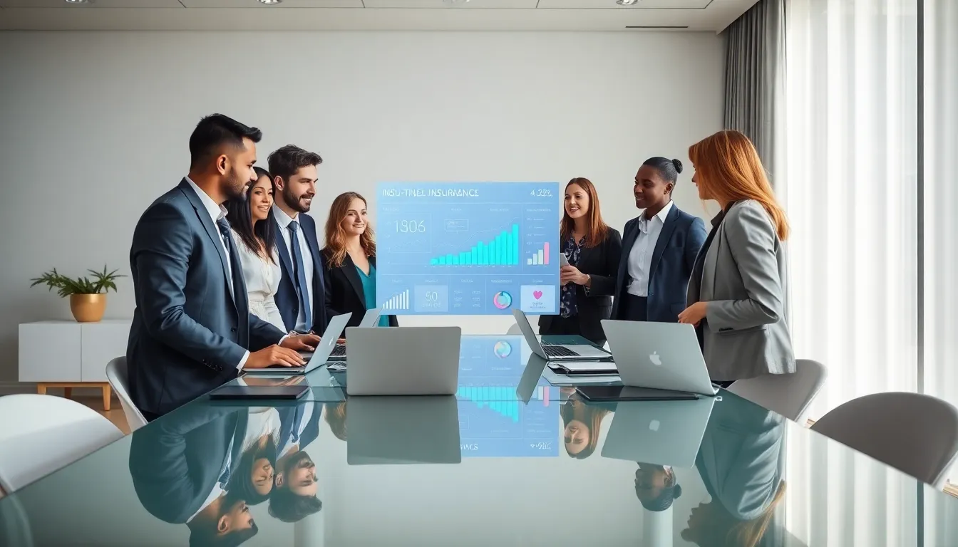 professionals collaborating on fintech insurance solutions in a modern office.