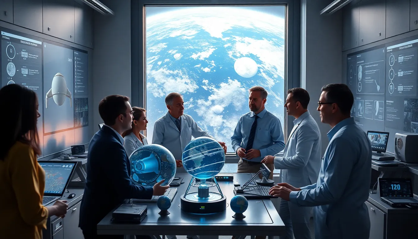 diverse team collaborating on space technology in a modern office.