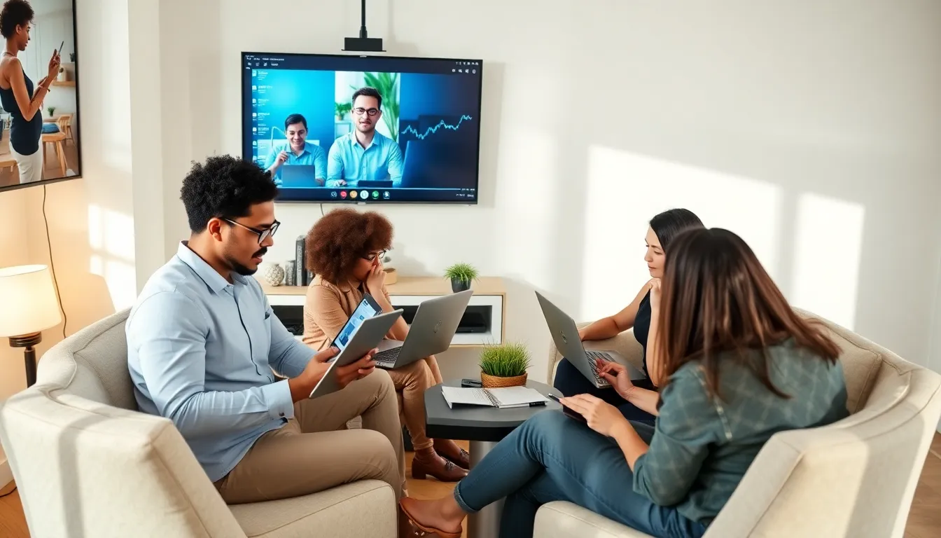 diverse team of fintech professionals working remotely in a modern office.