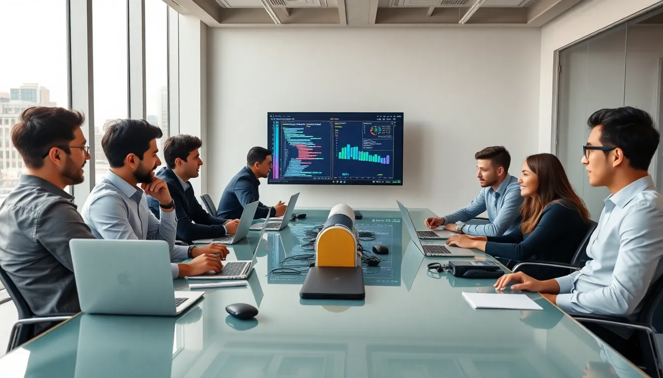 diverse fintech developers collaborating in a modern office.