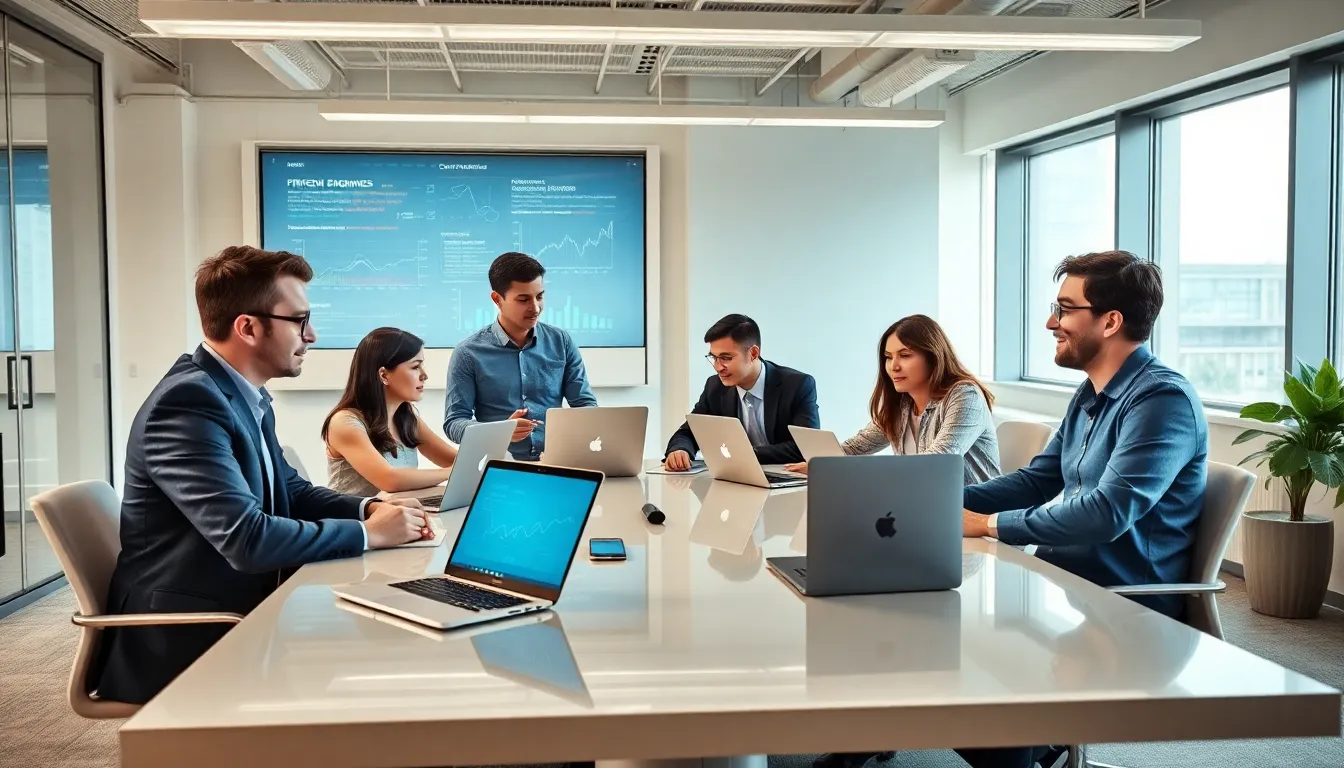 diverse fintech engineers collaborating in a modern office setting.