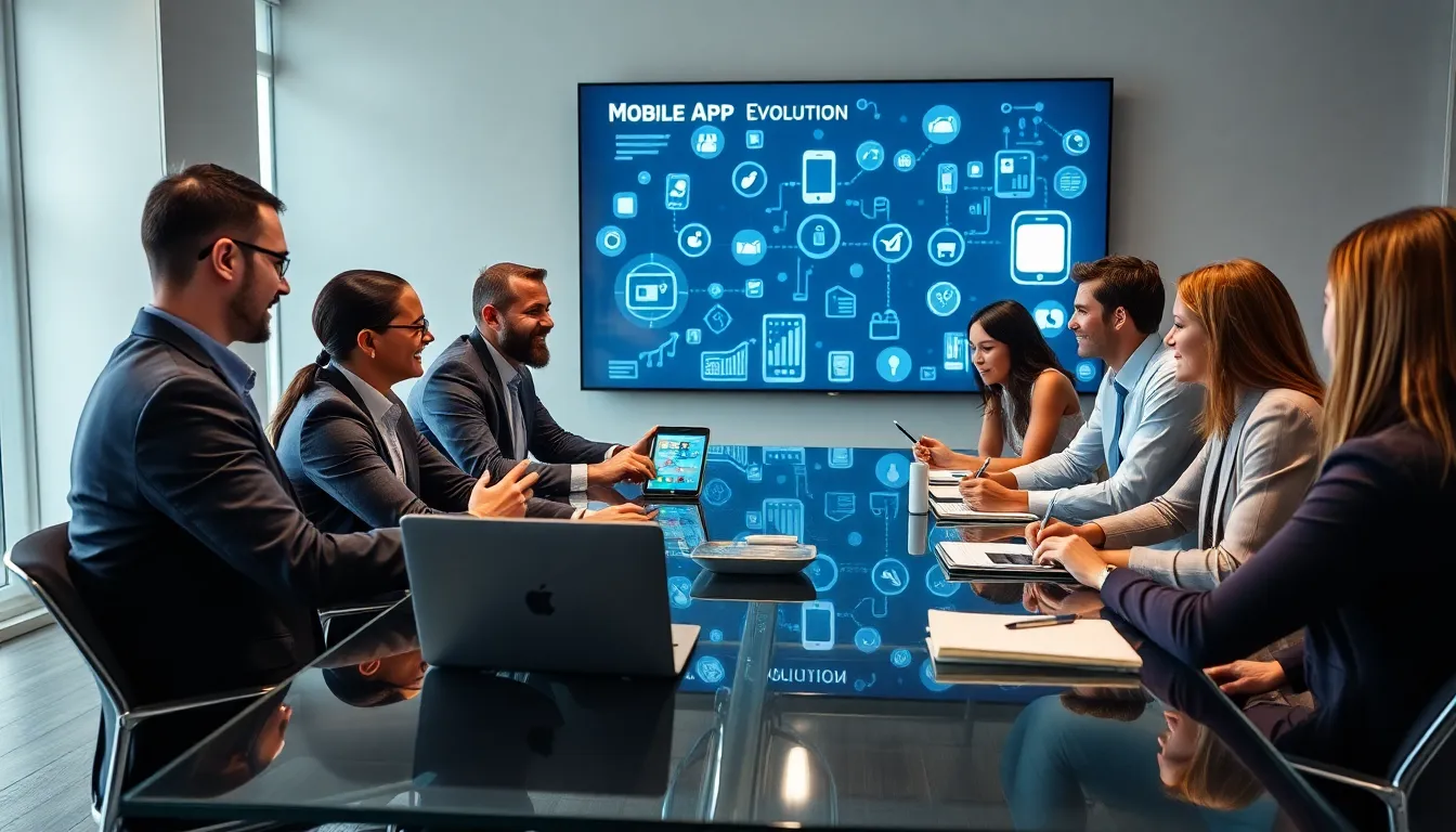diverse team discussing mobile app innovations in a modern office.