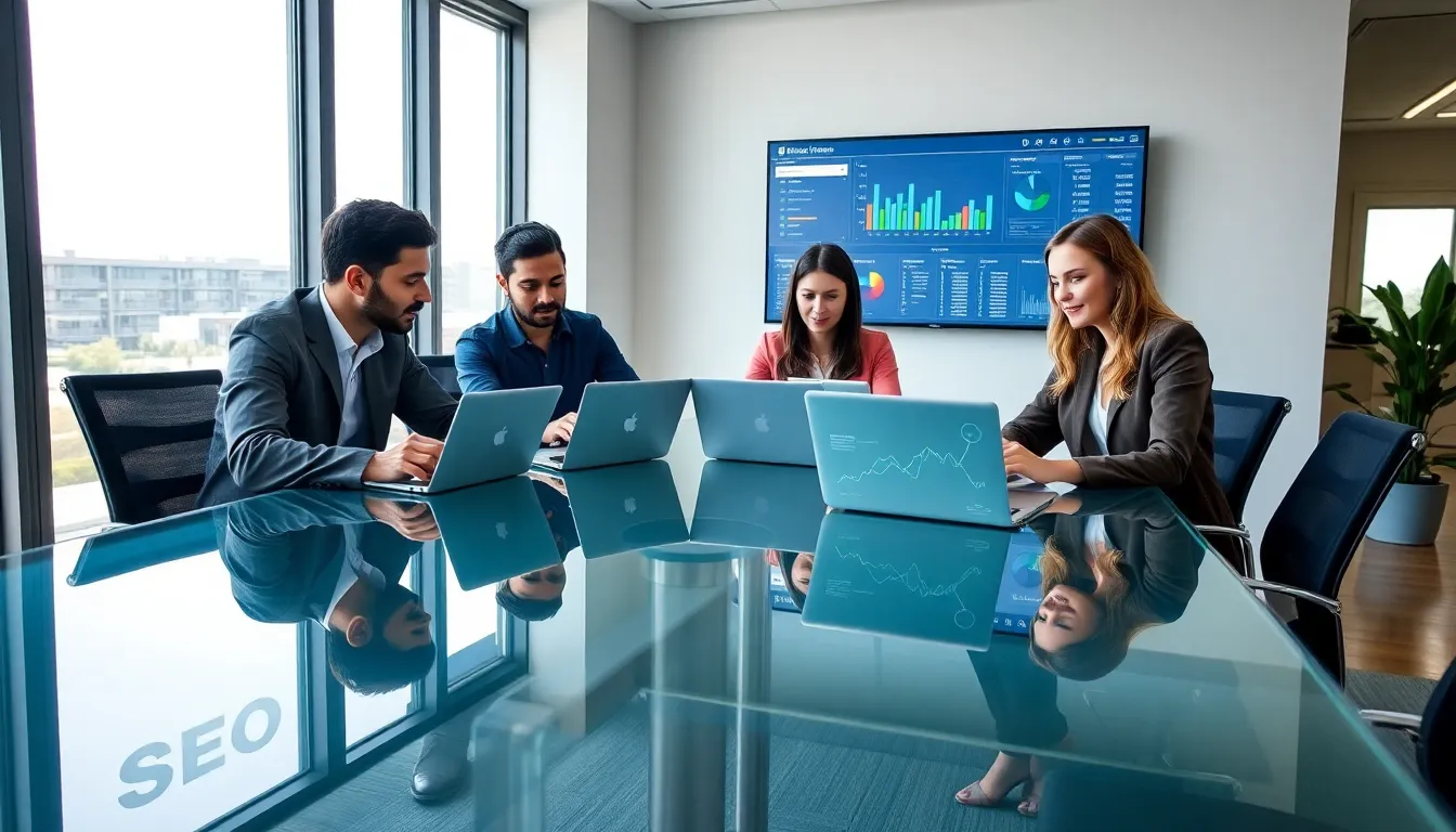 diverse fintech team analyzing SEO strategies in a modern office.