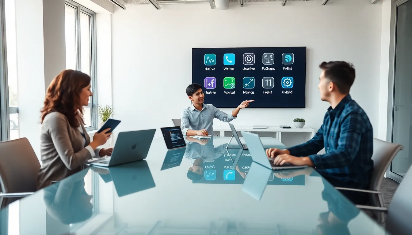 diverse team discussing mobile app development in a modern office.