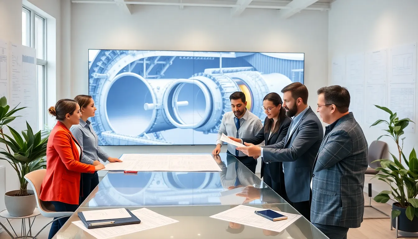 engineers examining plans for advanced tunnelling technology.