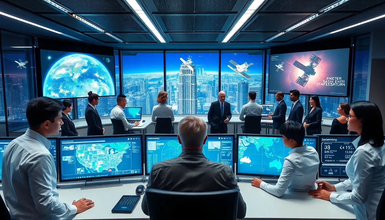 control room with professionals managing satellite technology.