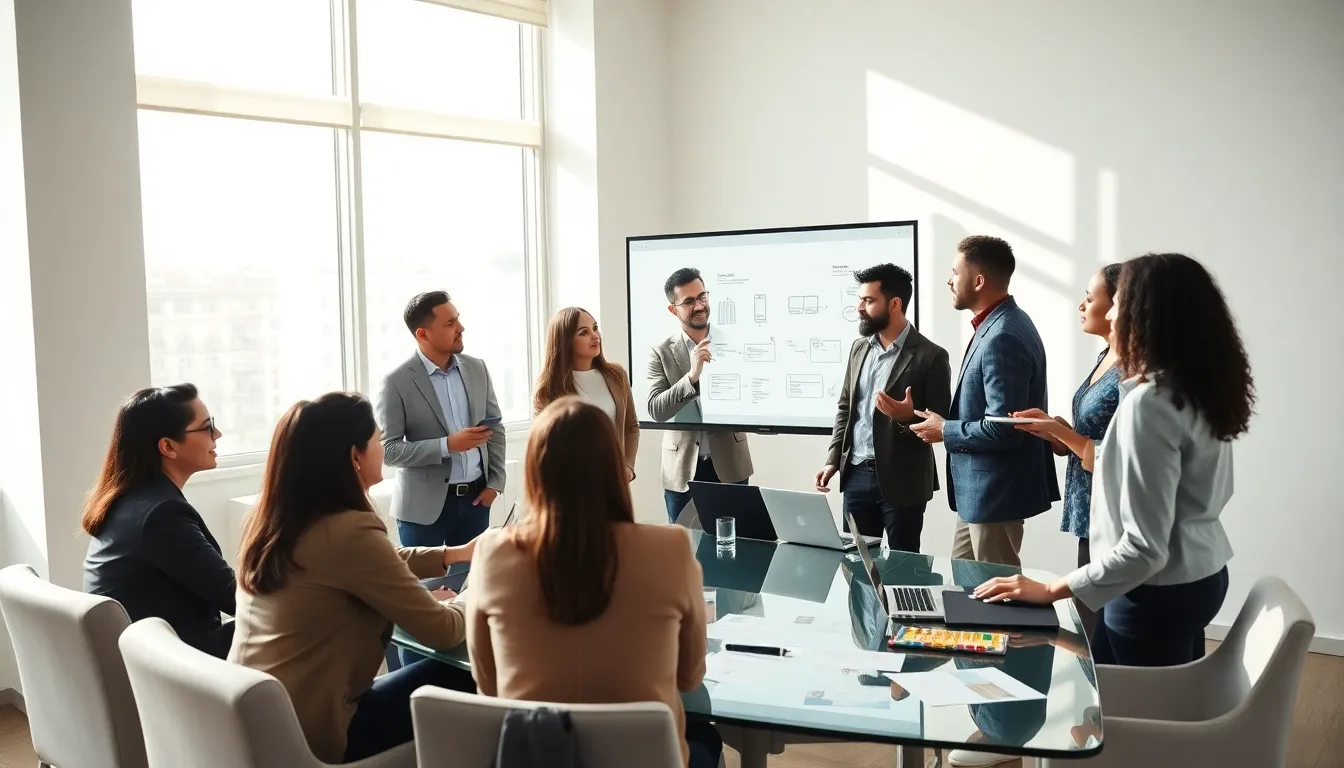 diverse professionals brainstorming mobile app solutions in a modern conference room.