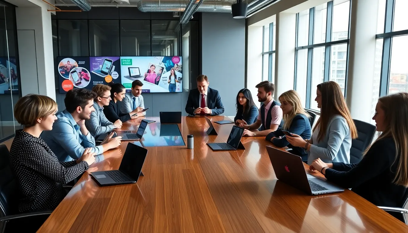 diverse team collaborating on mobile app advertising strategies in an office.