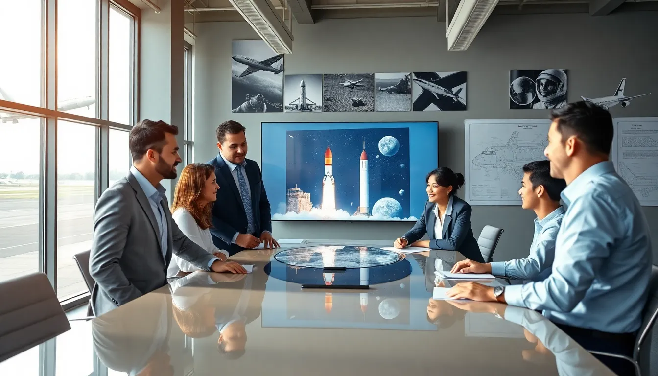 professionals discussing aviation history in a modern office setting.